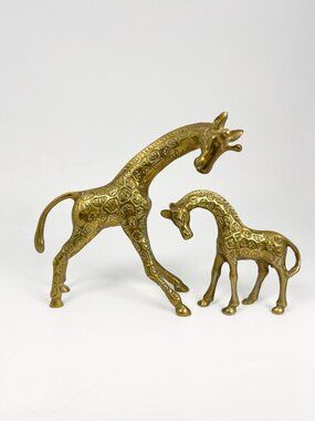 Vintage set of mama and baby brass giraffes